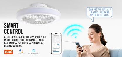 18 inch Low Profile Enclosed Reversible Smart Fandelier Modern Flush Mount Led Ceiling Fan with Light