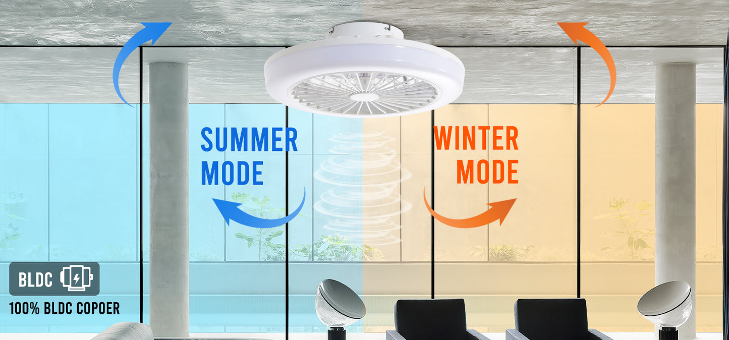 18 inch Low Profile Enclosed Reversible Smart Fandelier Modern Flush Mount Led Ceiling Fan with Light