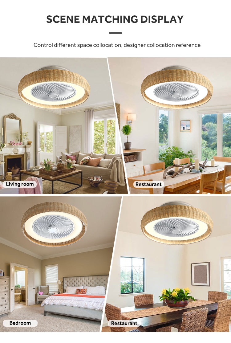 Hot Selling Low Profile Bedroom Living Room Bamboo Bladeless Led Ceiling Fans with Lights and Remote