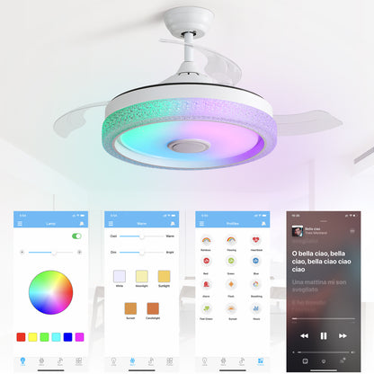 Indoor Smart 42 Inch APP Control Dimmable Retractable Led BLDC Ceiling Fan With RGB Light