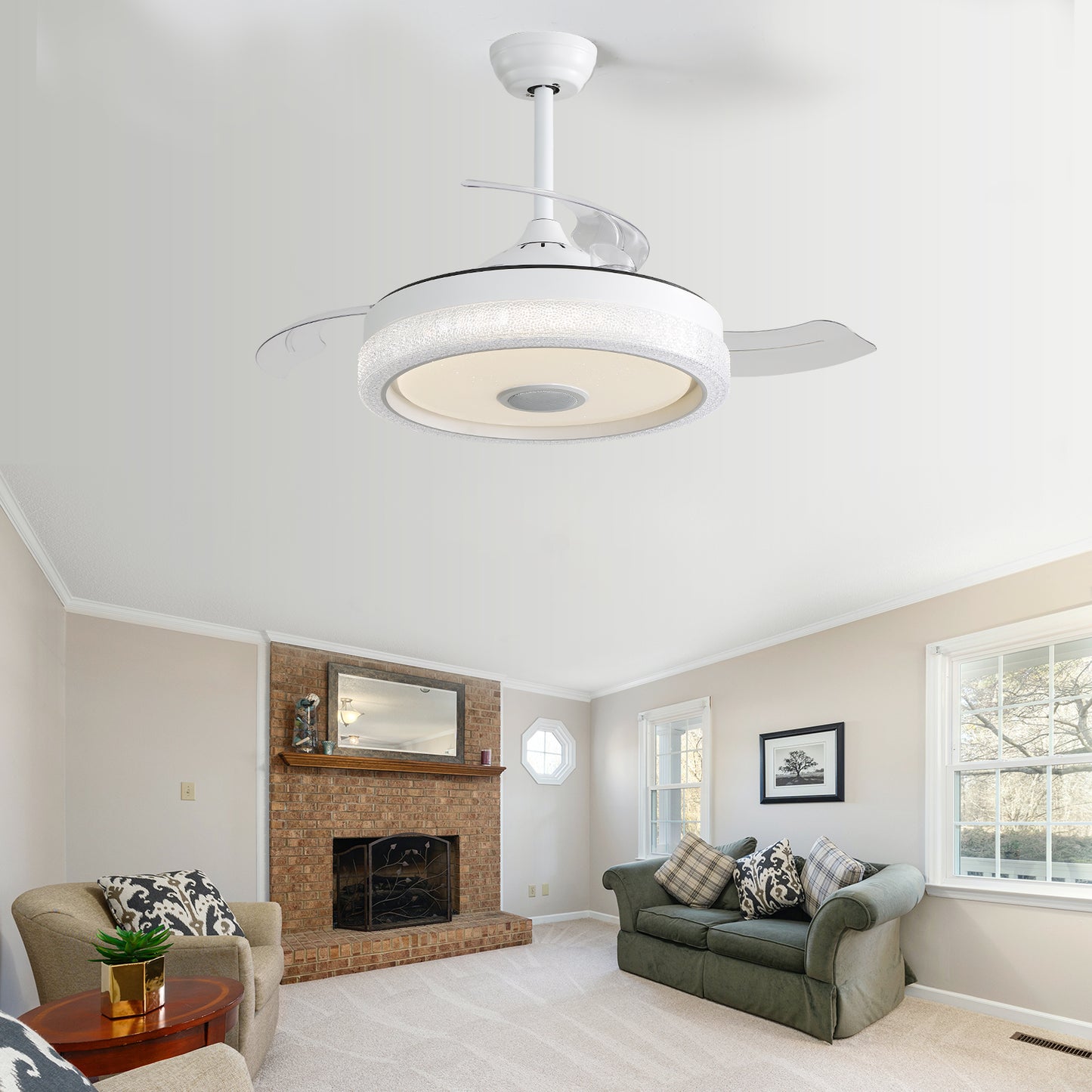 42 Inch Smart APP Control Invisible Fan Light Dimmable Retractable Ceiling Fan With RGB Light