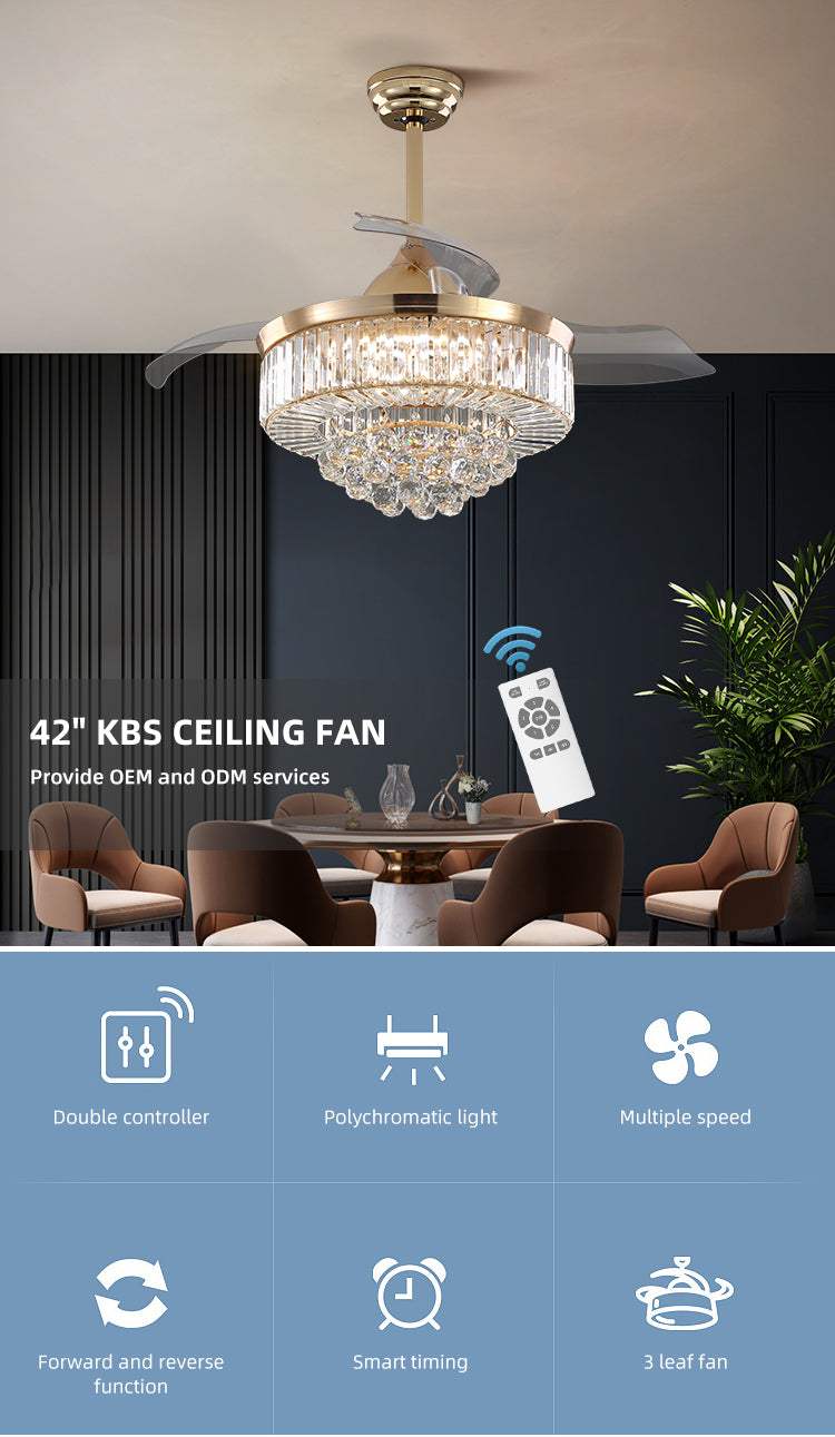 Luxury cChandelier LED Ceiling Fan 42" Invisible Blade Decorative Indoor Home Morden Ceiling Fan With Light 