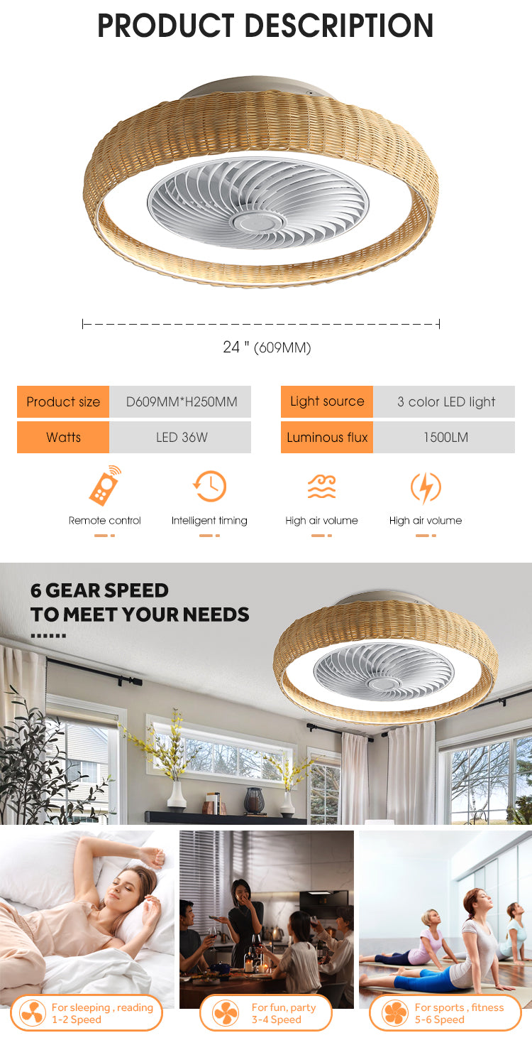 Hot Selling Low Profile Bedroom Living Room Bamboo Bladeless Led Ceiling Fans with Lights and Remote