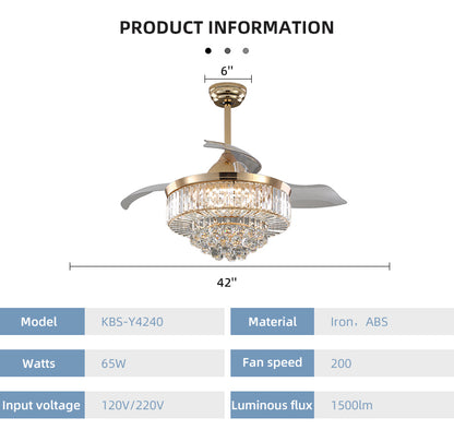 Luxury cChandelier LED Ceiling Fan 42" Invisible Blade Decorative Indoor Home Morden Ceiling Fan With Light 