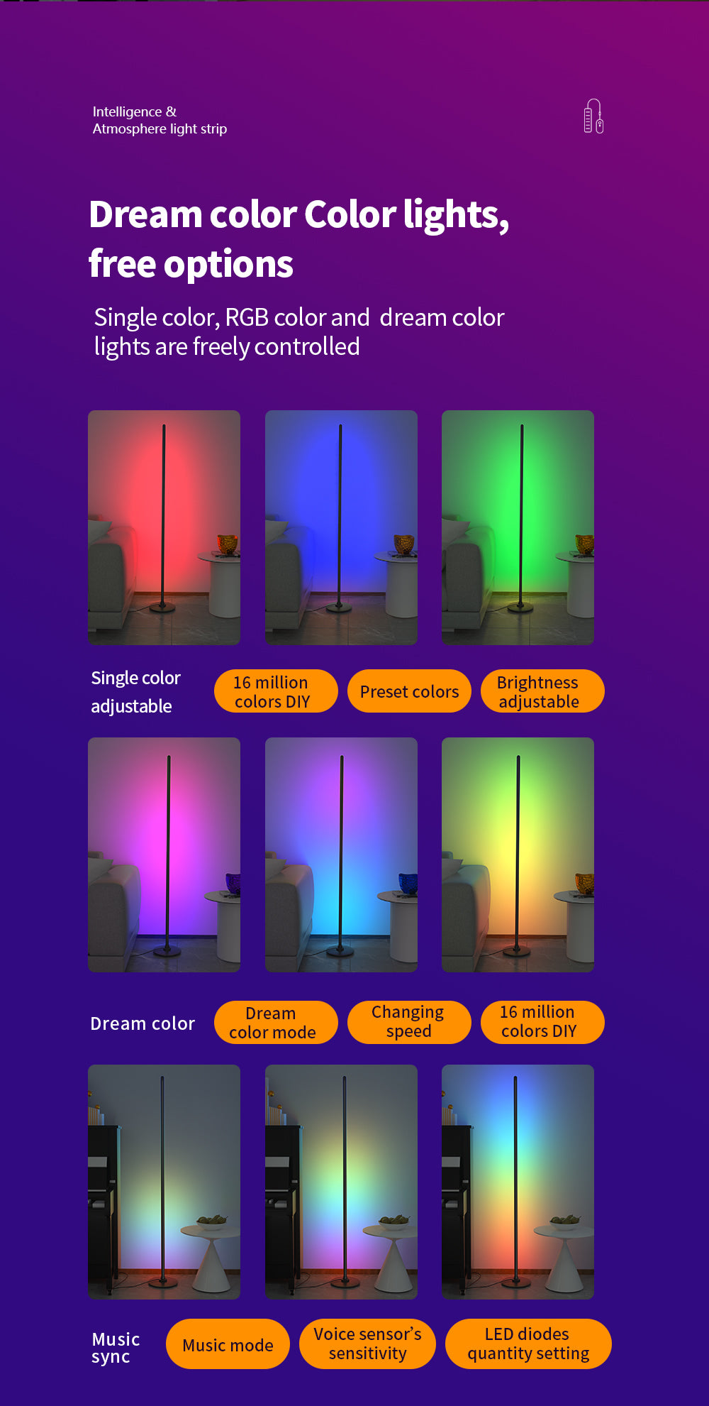 CL Lighting Home Decorative standing lamp 1.35M RGB Remote Control led Floor Lamp decorative Ambient floor Light