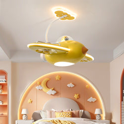 Bedroom Classroom Decoration Cartoon Airplane Remote Control 3 Color Dimmable App Control Kids Helicopter Ceiling Fan With Light 