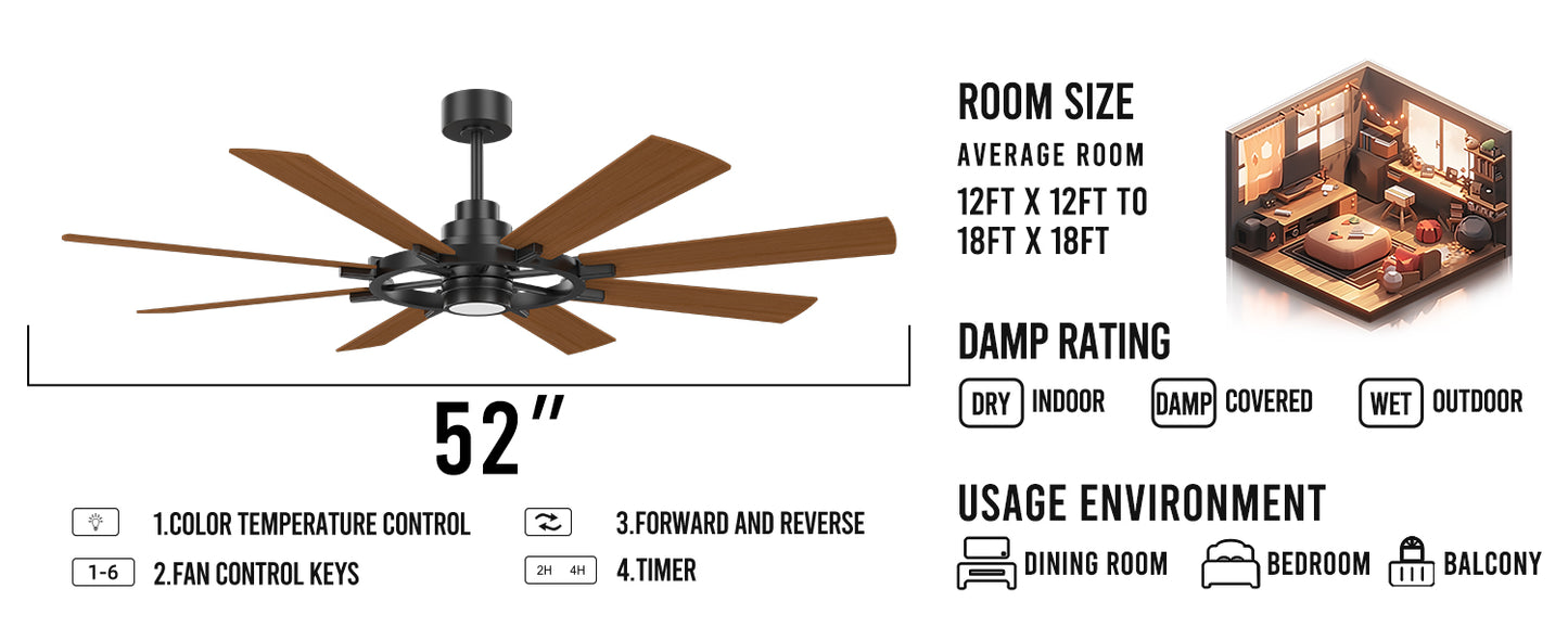 Modern And Simple Design Custom Ceiling Fan Coffe Brown Long Blade Ceiling Fan Reversible Motor Ceiling Fan 