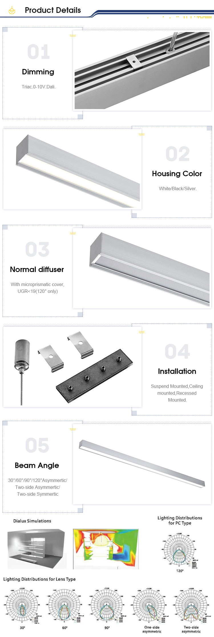 Factory Wholesale 40w Cold White Aluminium LED Touch Dimmer Switch Pendant Linear Light