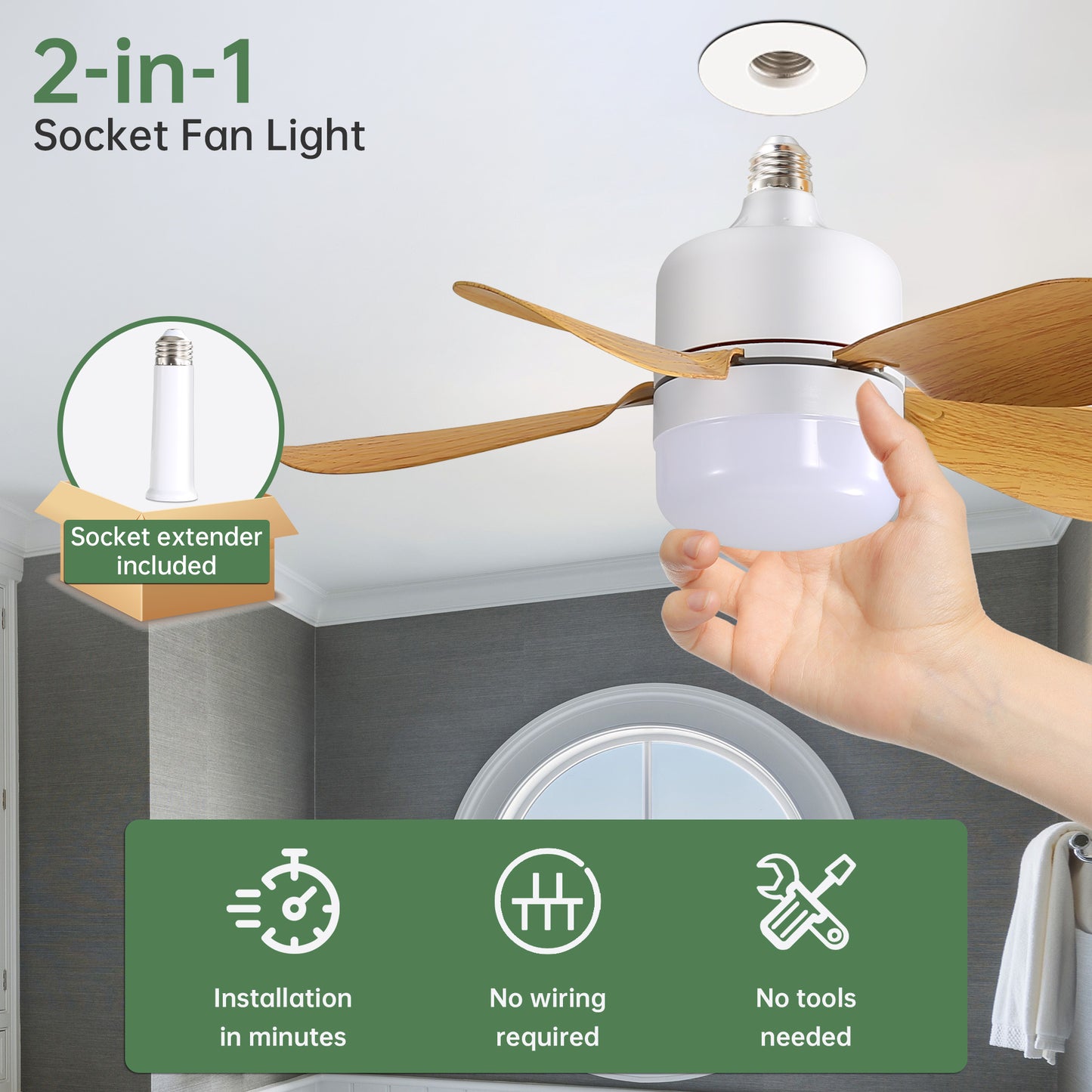 16 Inch 5 Blade Socket Fan Light Small Size E26 E27 Socket Ceiling Fan With Light For Garage Kitchen